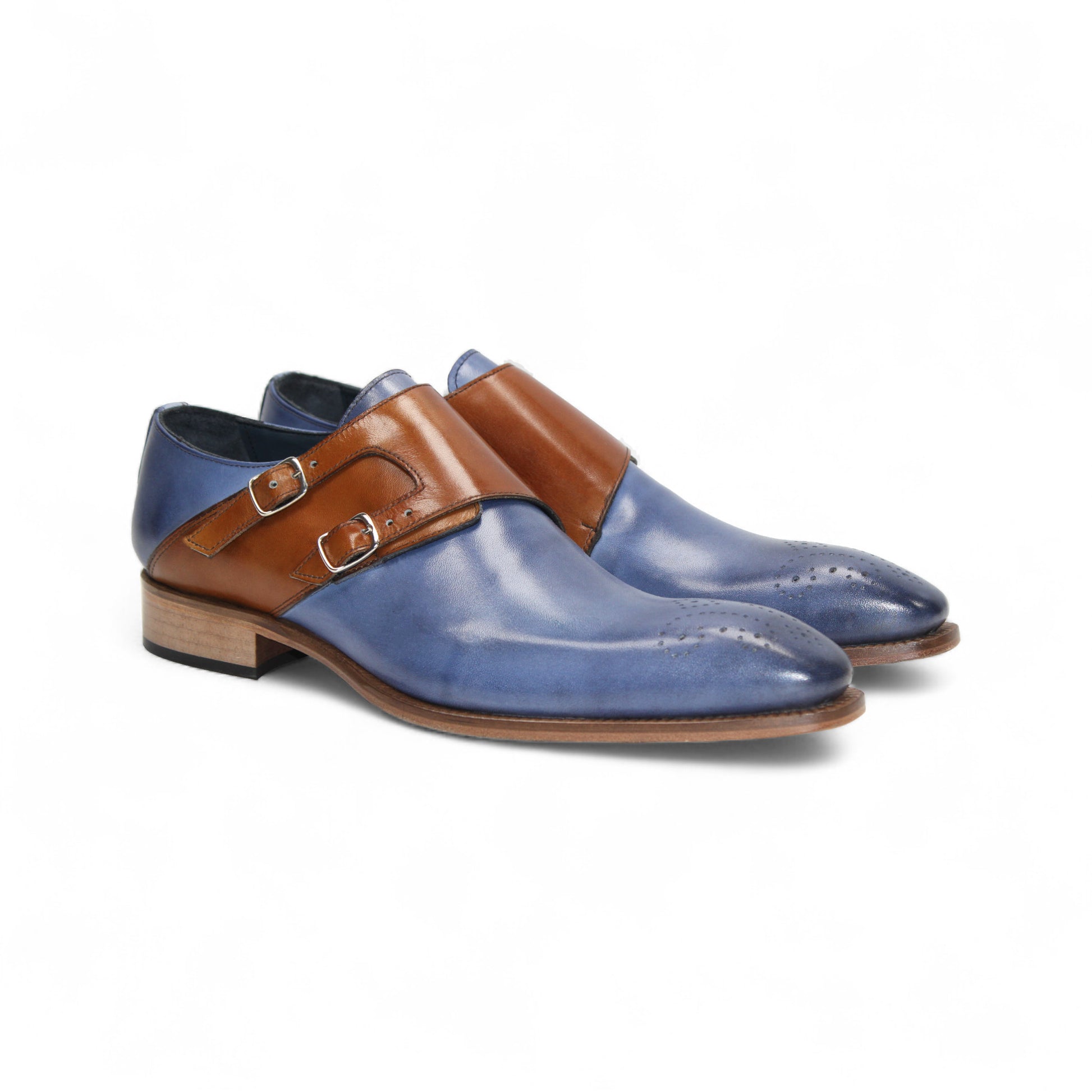 The Duca Di Matiste Duca Vergato Light Blue/Cognac is a premium blue leather dress shoe with brown double monk straps and a low wooden heel, shown in side profile on a white background.