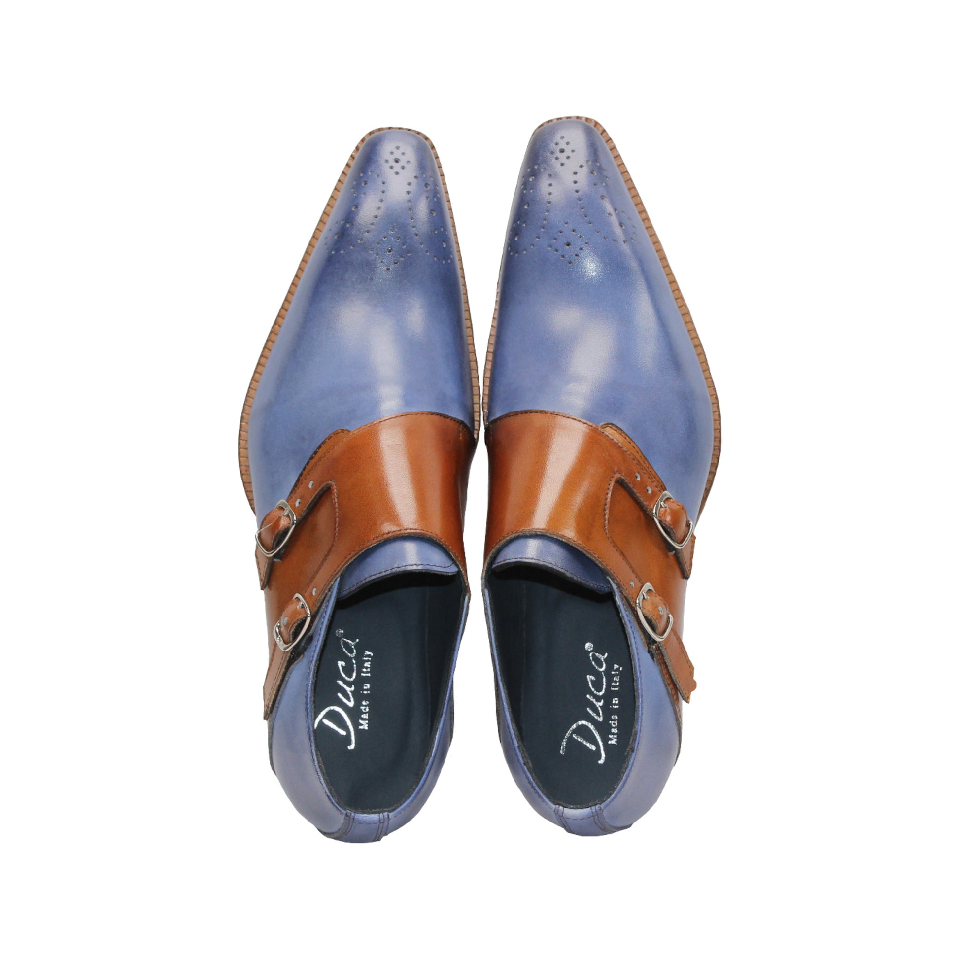 The Duca Di Matiste Duca Vergato Light Blue/Cognac is a premium blue leather dress shoe with brown double monk straps and a low wooden heel, shown in side profile on a white background.