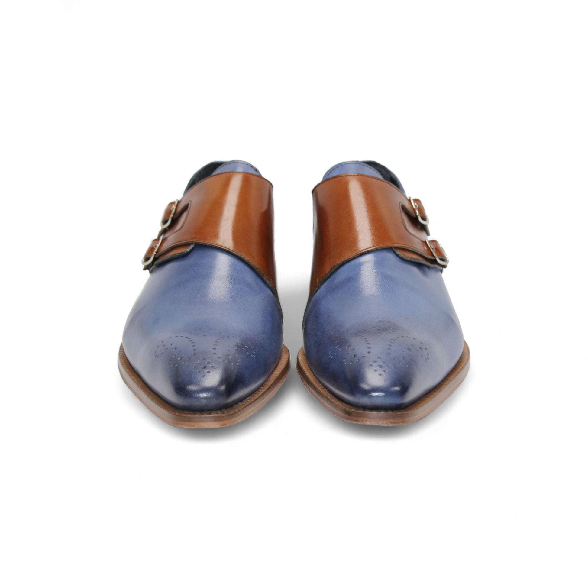 The Duca Di Matiste Duca Vergato Light Blue/Cognac is a premium blue leather dress shoe with brown double monk straps and a low wooden heel, shown in side profile on a white background.