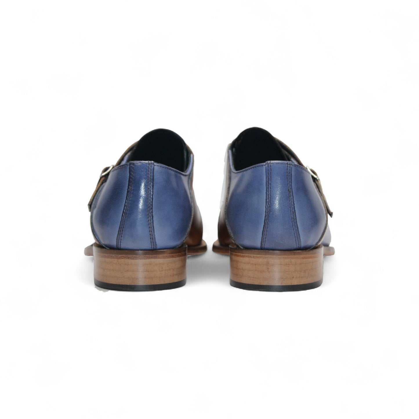 The Duca Di Matiste Duca Vergato Light Blue/Cognac is a premium blue leather dress shoe with brown double monk straps and a low wooden heel, shown in side profile on a white background.