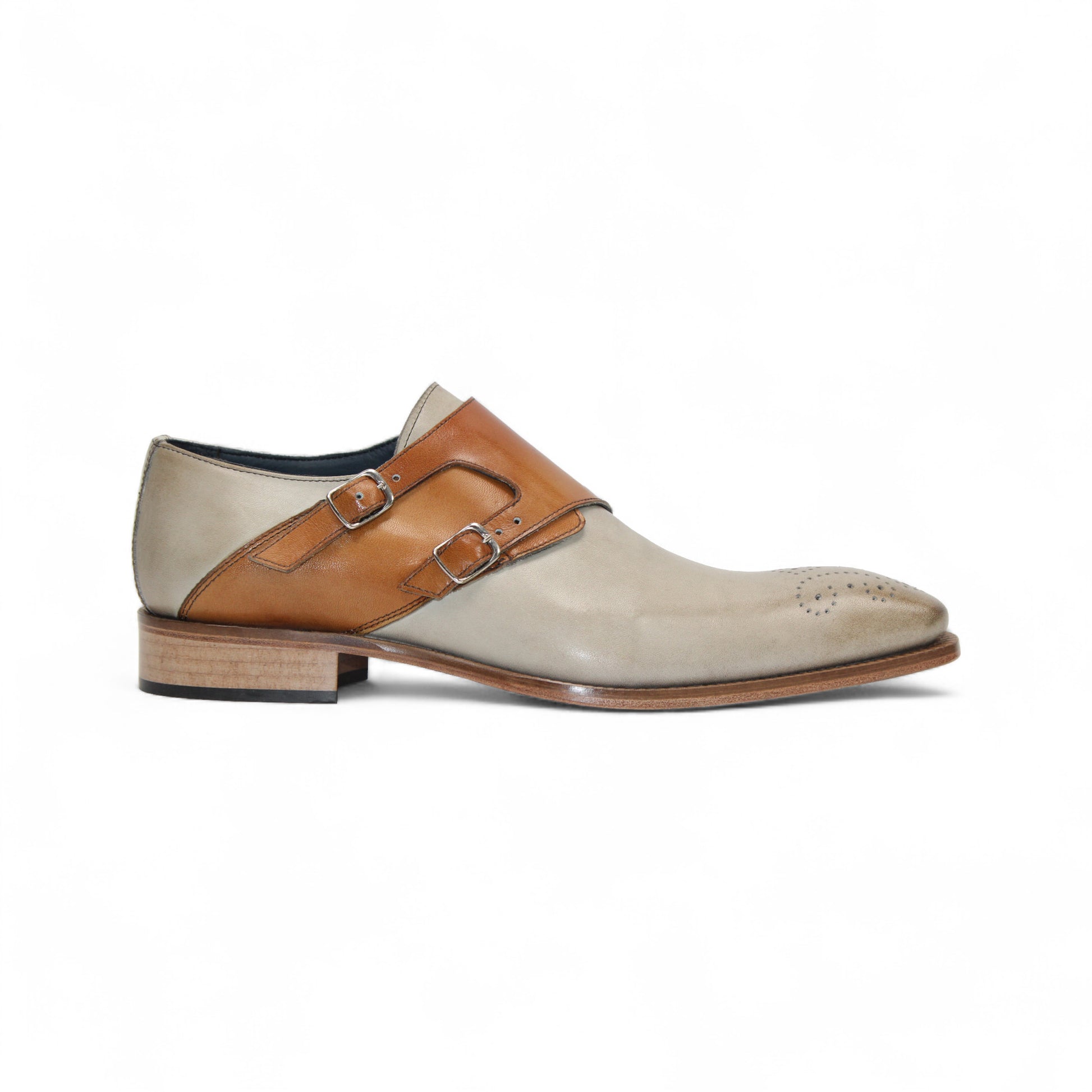 The Duca Di Matiste Duca Vergato Beige/Cognac is a genuine leather dress shoe with double monk straps, low wooden heel, and toe perforations, highlighting refined Italian style. Shown in profile on a white background.