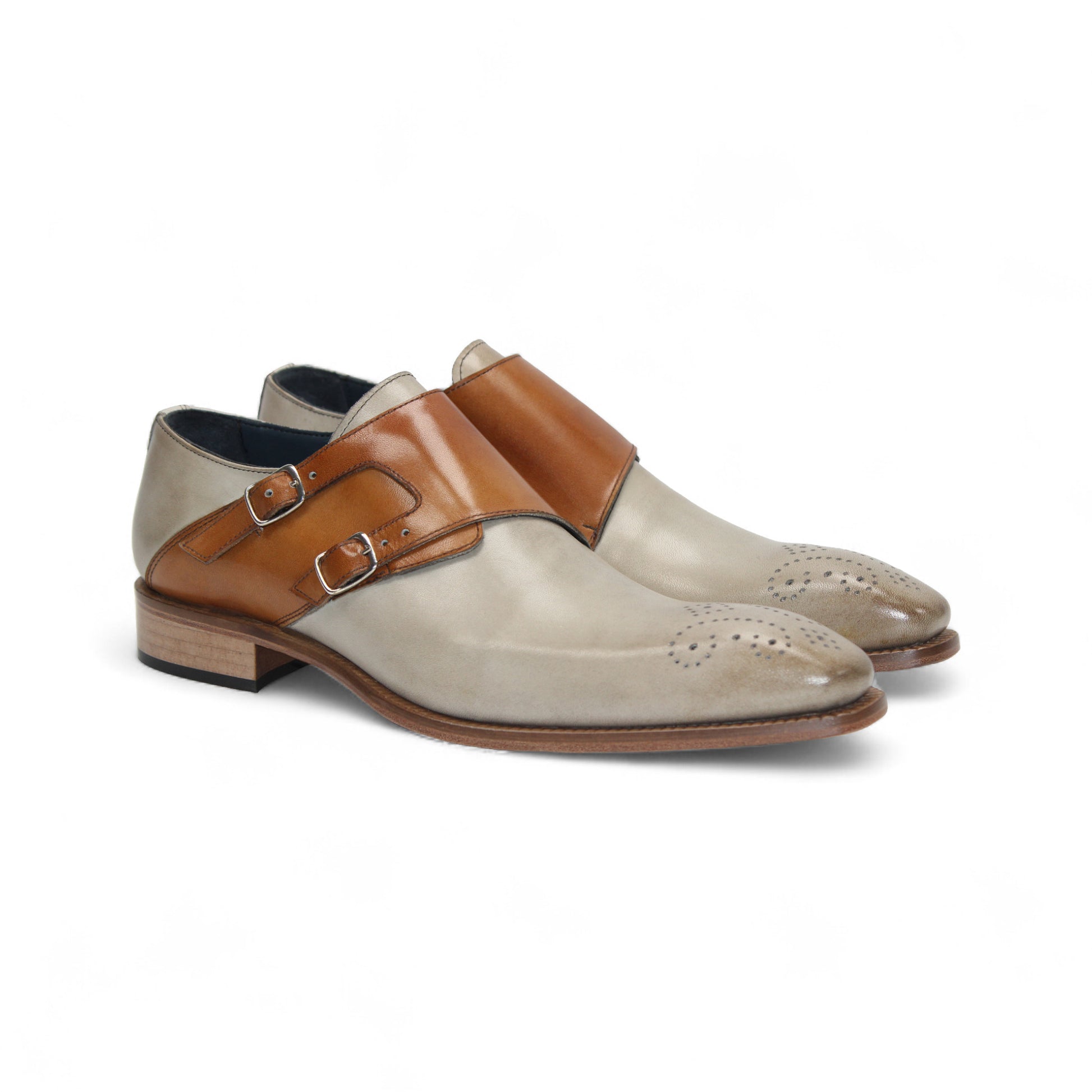 The Duca Di Matiste Duca Vergato Beige/Cognac is a genuine leather dress shoe with double monk straps, low wooden heel, and toe perforations, highlighting refined Italian style. Shown in profile on a white background.