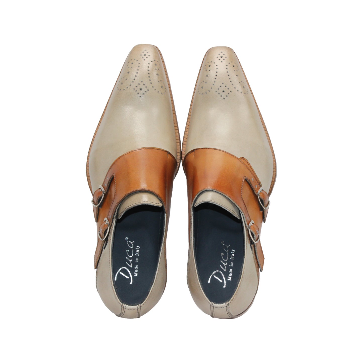 The Duca Di Matiste Duca Vergato Beige/Cognac is a genuine leather dress shoe with double monk straps, low wooden heel, and toe perforations, highlighting refined Italian style. Shown in profile on a white background.