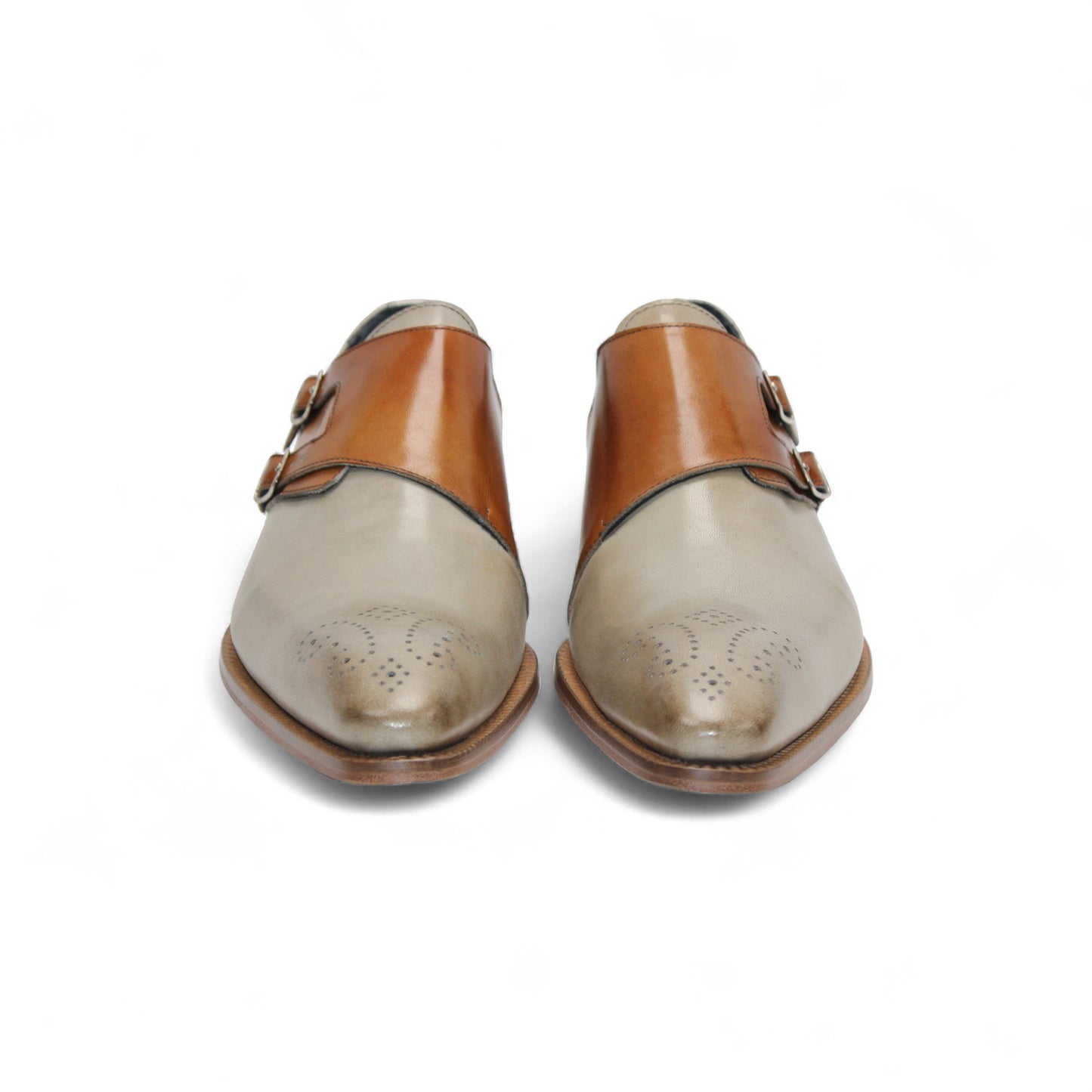 The Duca Di Matiste Duca Vergato Beige/Cognac is a genuine leather dress shoe with double monk straps, low wooden heel, and toe perforations, highlighting refined Italian style. Shown in profile on a white background.