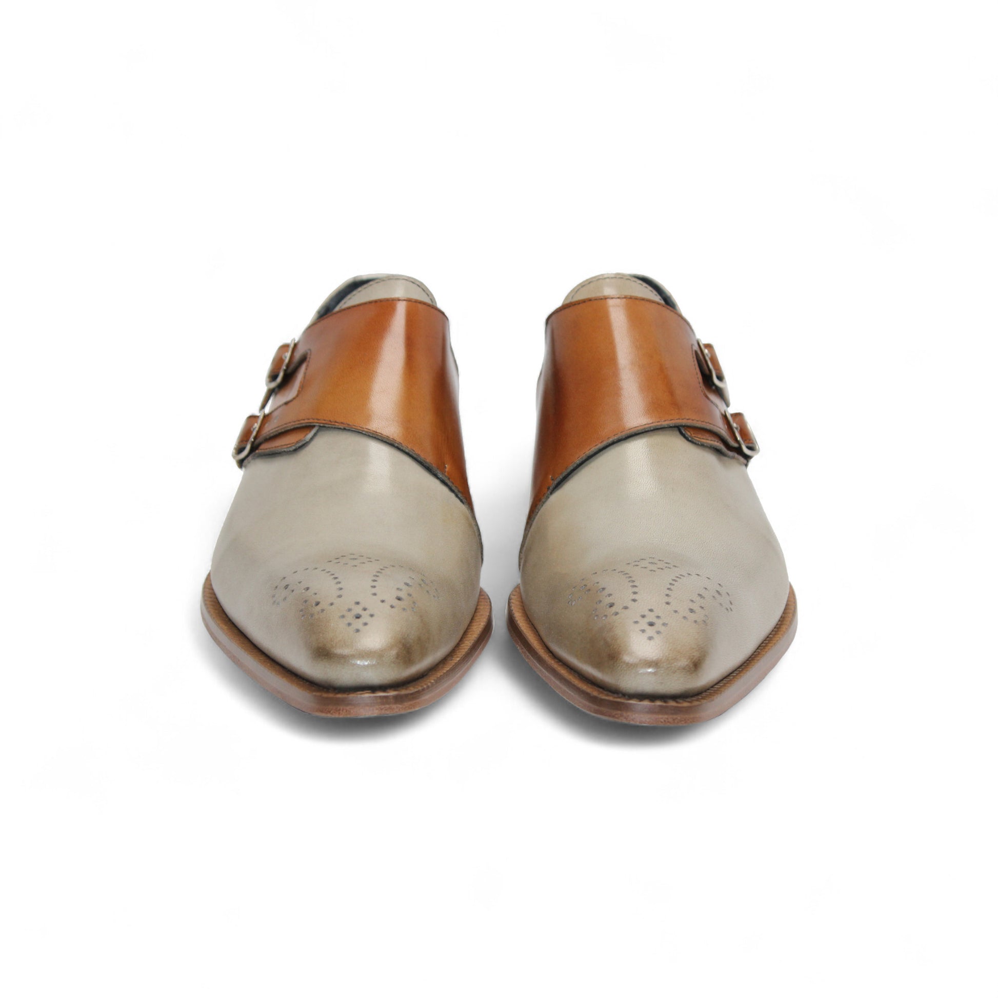 The Duca Di Matiste Duca Vergato Beige/Cognac is a genuine leather dress shoe with double monk straps, low wooden heel, and toe perforations, highlighting refined Italian style. Shown in profile on a white background.