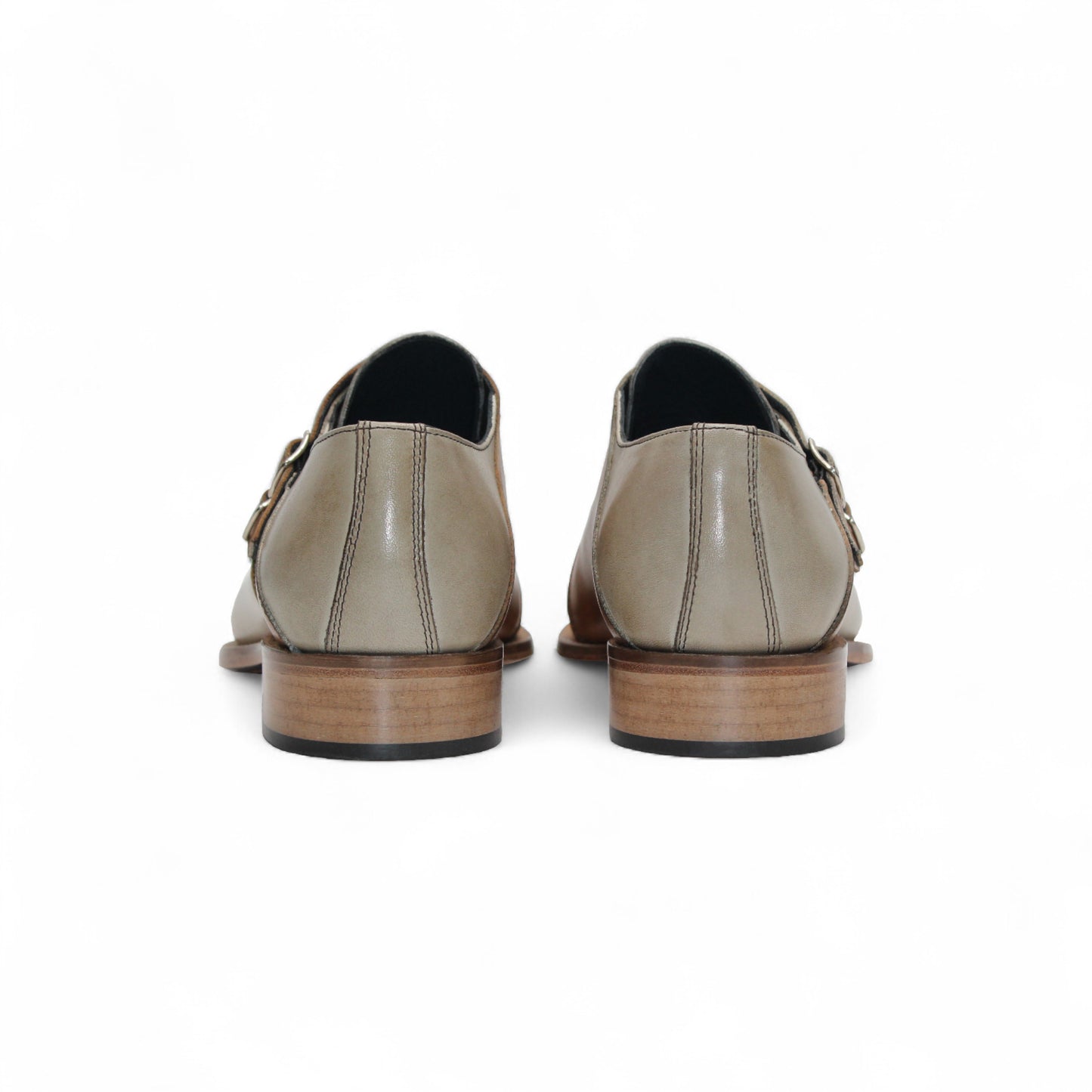 The Duca Di Matiste Duca Vergato Beige/Cognac is a genuine leather dress shoe with double monk straps, low wooden heel, and toe perforations, highlighting refined Italian style. Shown in profile on a white background.