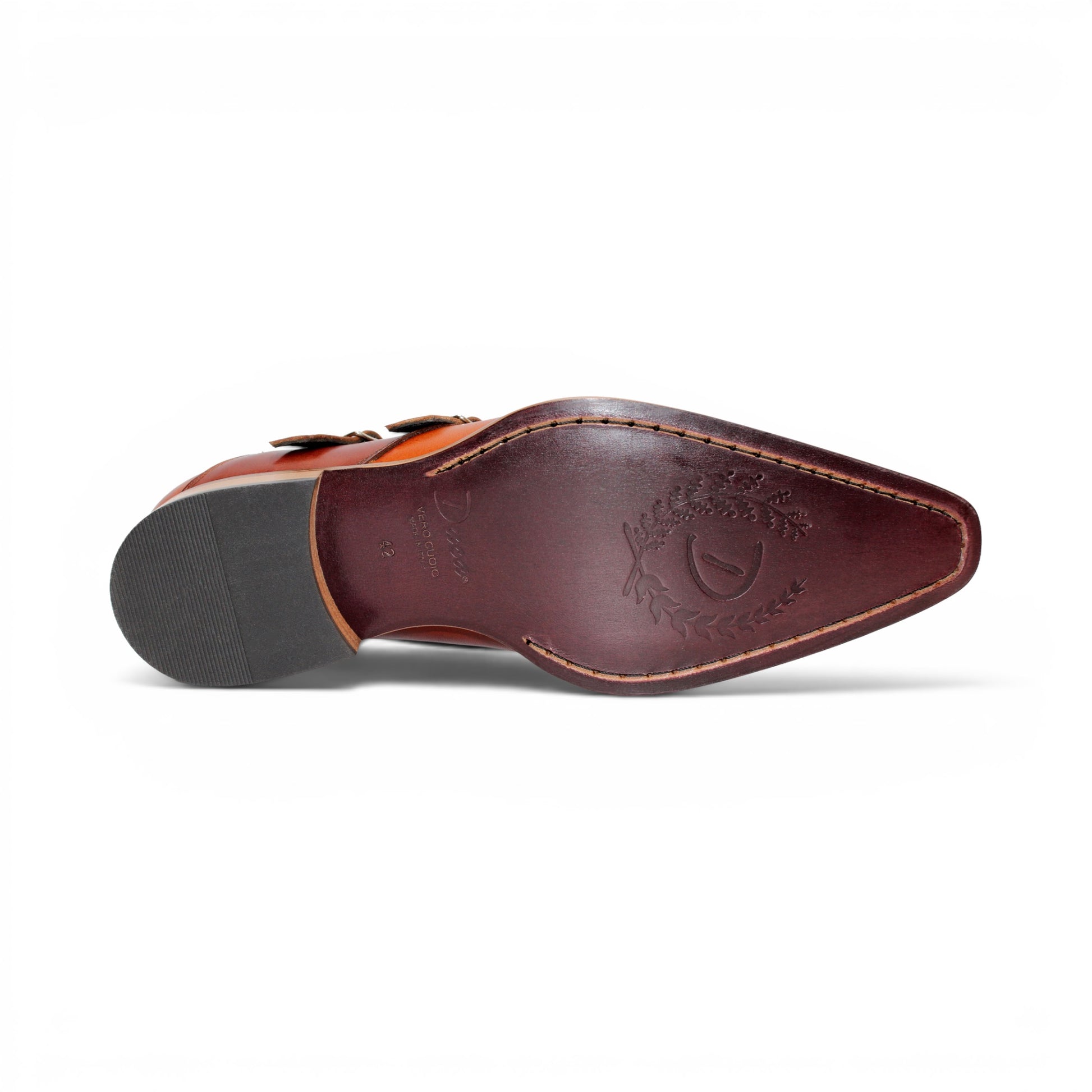 The Duca Vergato Gold/Brown by Duca Di Matiste is an Italian leather monk strap dress shoe in brown, featuring two buckles and decorative perforations on the toe, displayed on a white background.