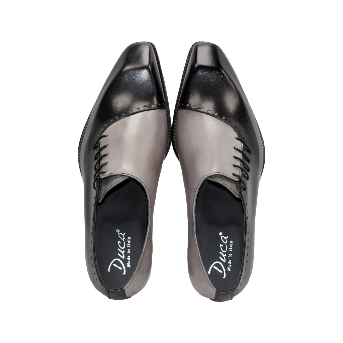The Duca Di Matiste Duca Veroli Black/Grey is a black minimalist oxford crafted from genuine leather with closed lacing, a low heel, and a smooth finish—showcasing Italian craftsmanship against a white background.