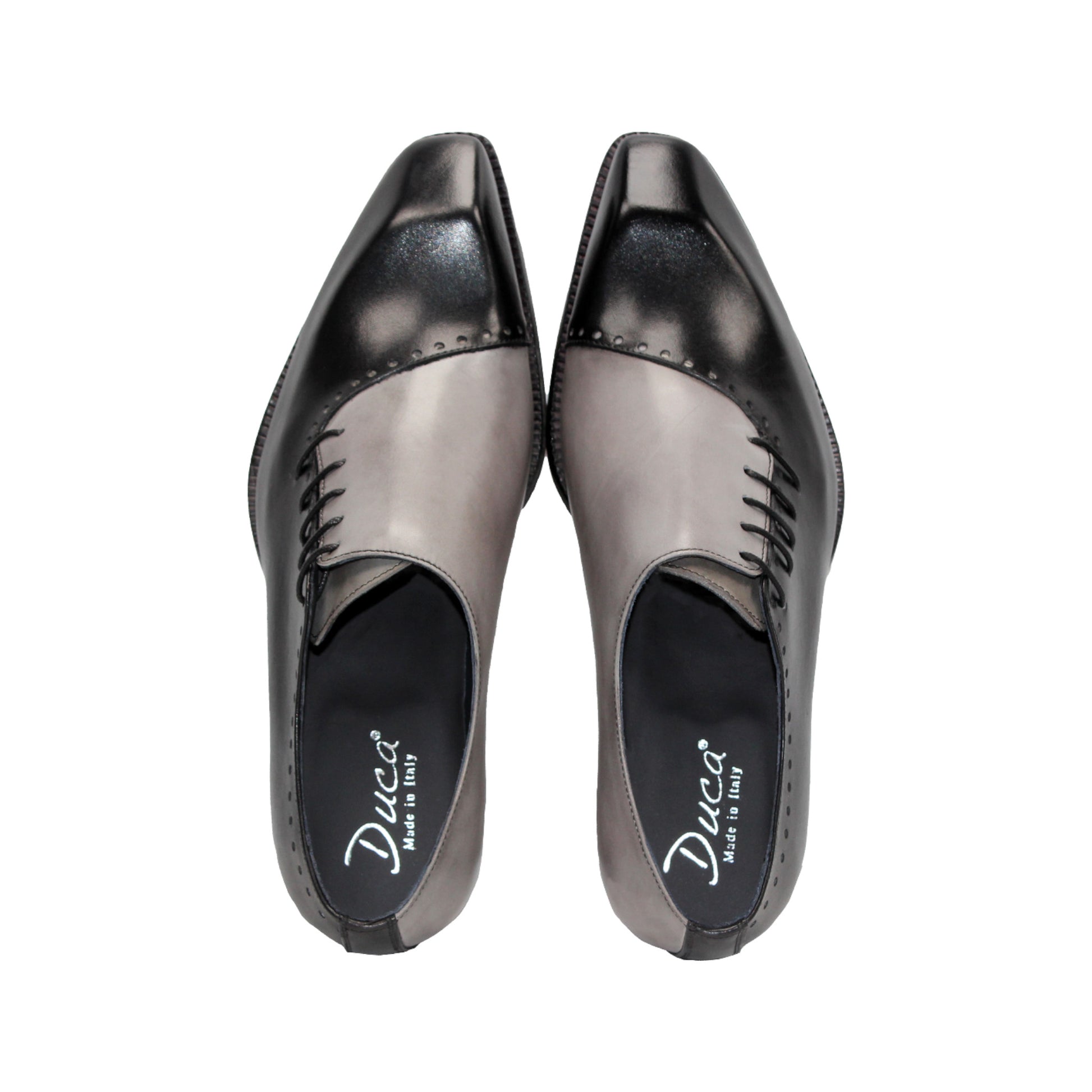 The Duca Di Matiste Duca Veroli Black/Grey is a black minimalist oxford crafted from genuine leather with closed lacing, a low heel, and a smooth finish—showcasing Italian craftsmanship against a white background.