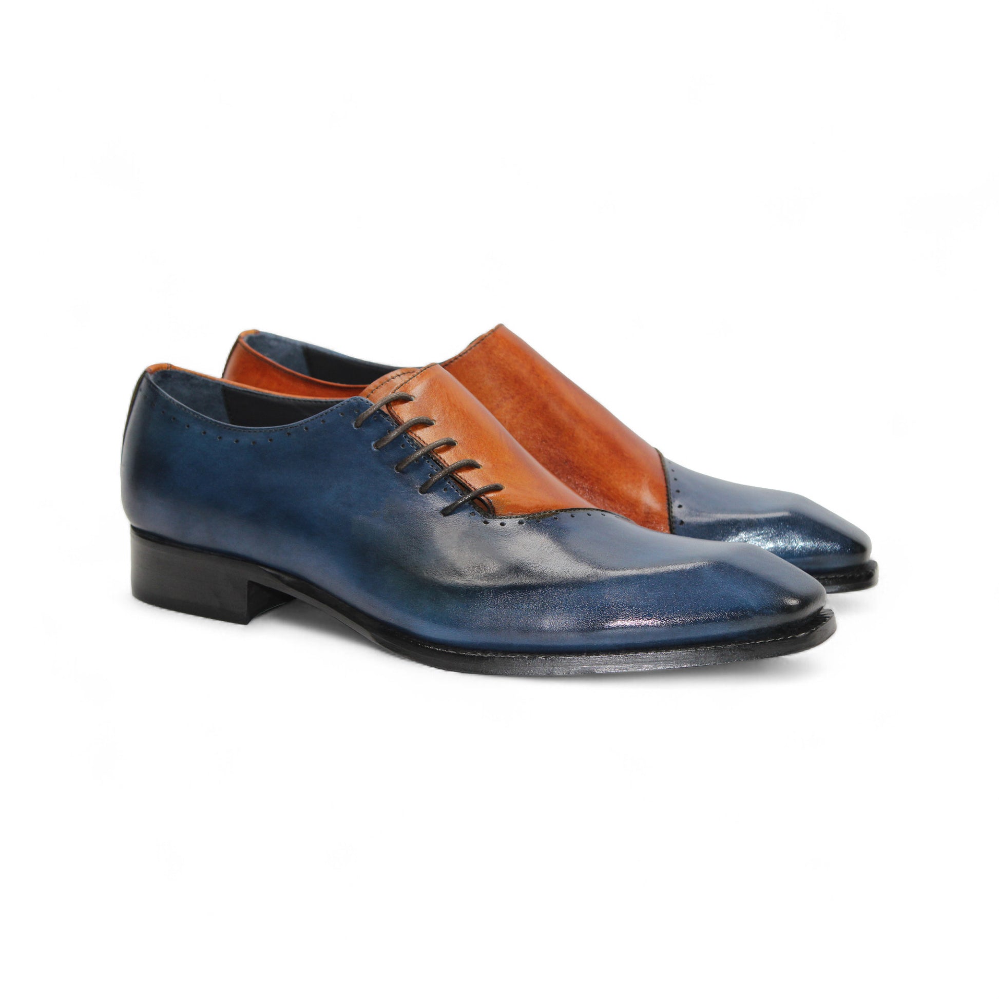 The Duca Di Matiste Duca Veroli Navy/Gold is a navy genuine leather oxford with black laces, a brown tongue, gold accents, and a low black heel, shown in a side view.