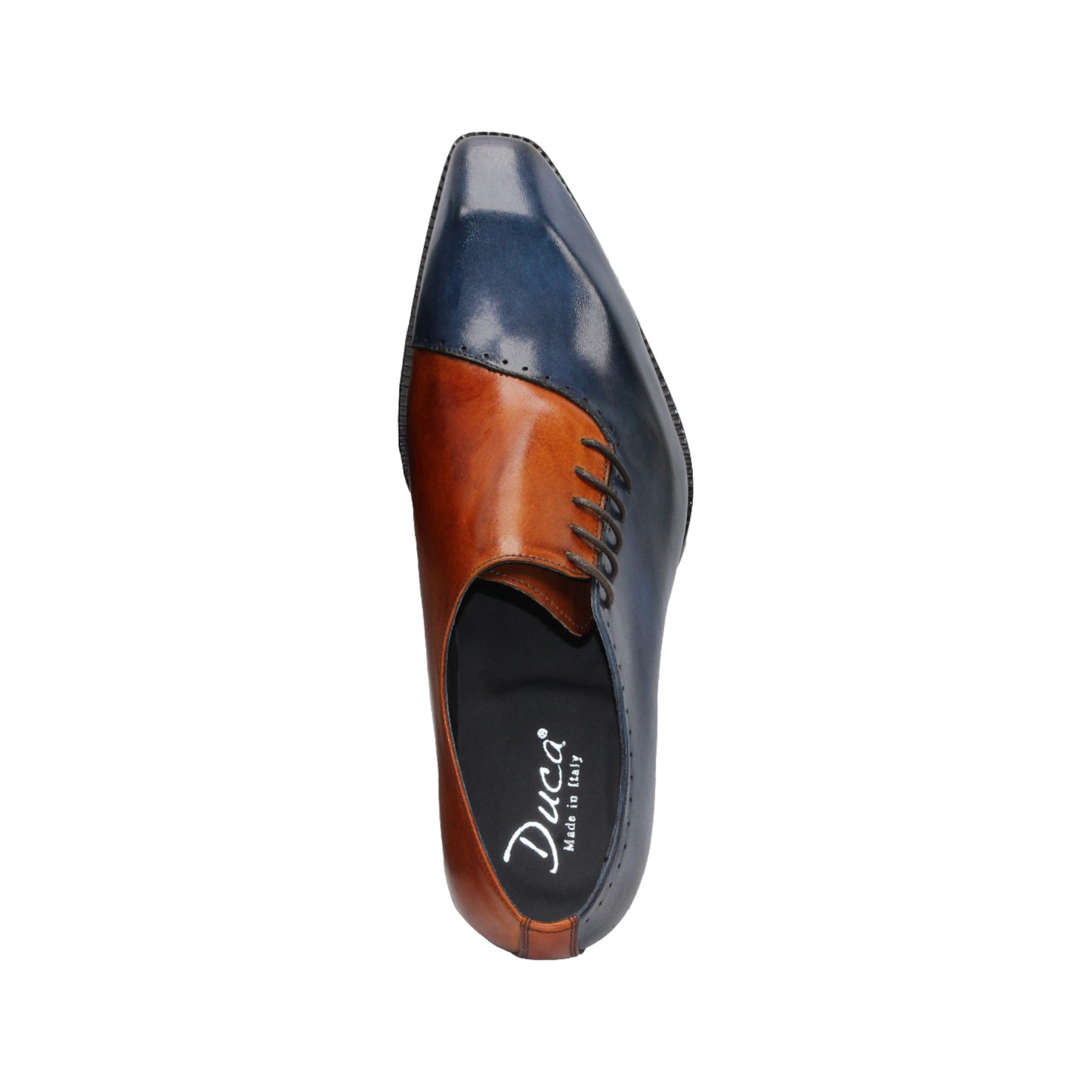 The Duca Di Matiste Duca Veroli Navy/Gold is a navy genuine leather oxford with black laces, a brown tongue, gold accents, and a low black heel, shown in a side view.