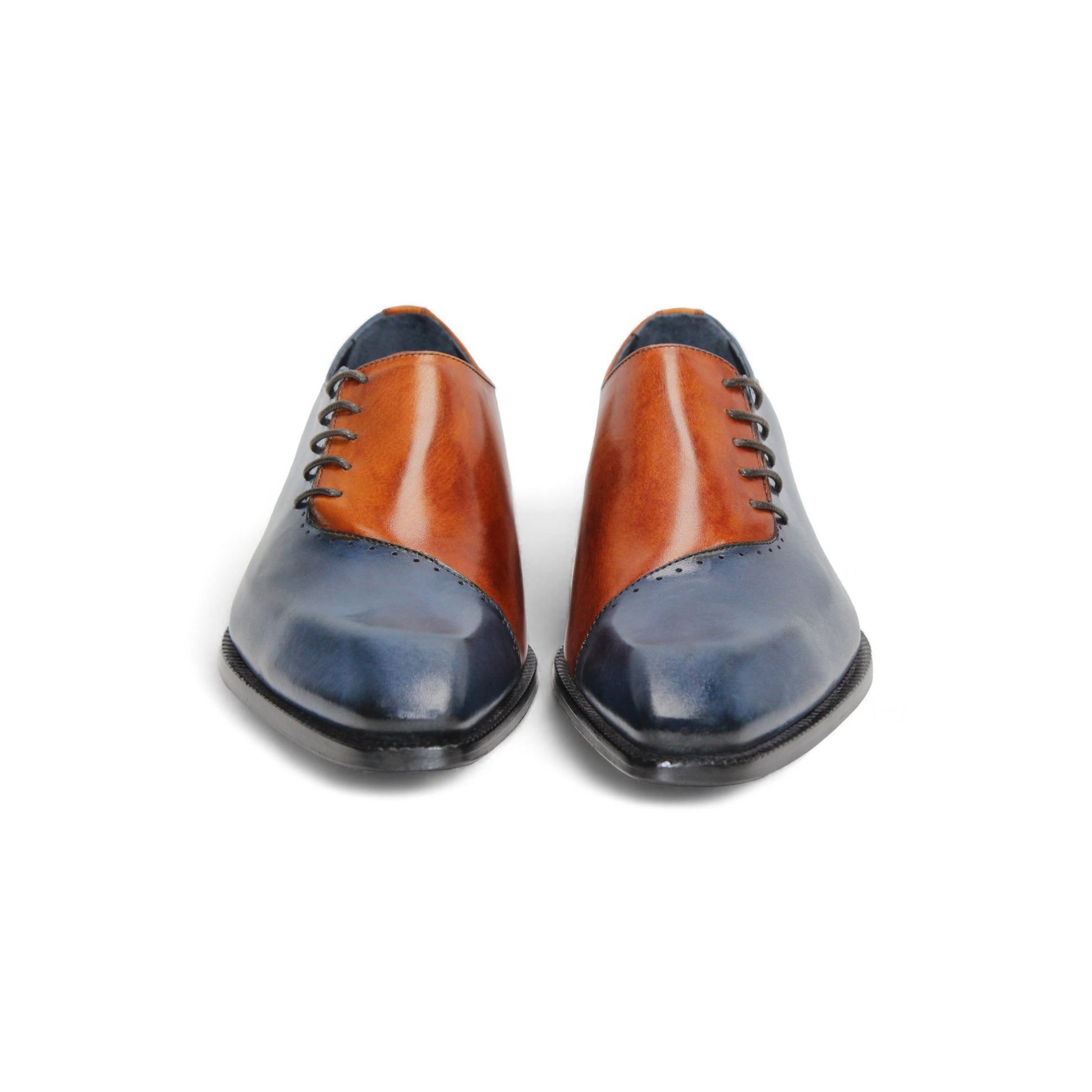 The Duca Di Matiste Duca Veroli Navy/Gold is a navy genuine leather oxford with black laces, a brown tongue, gold accents, and a low black heel, shown in a side view.