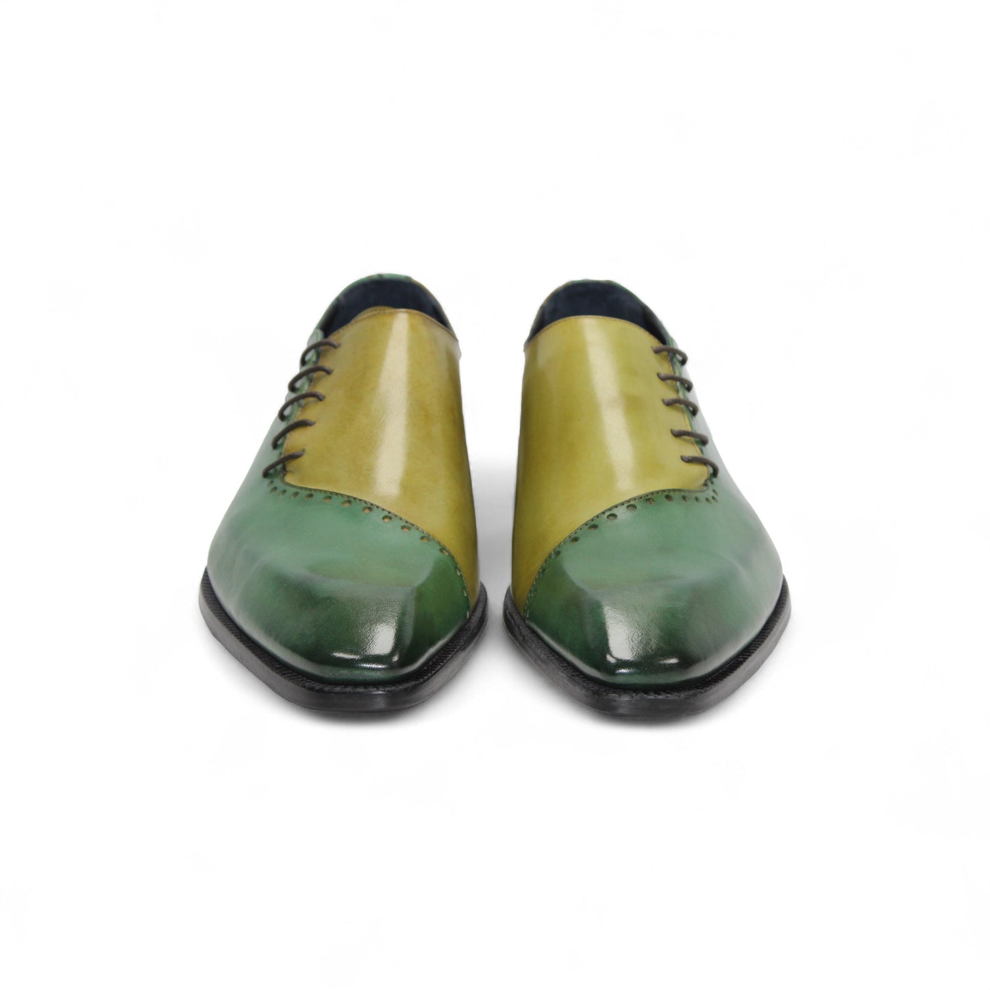 The Duca Di Matiste Duca Veroli Green/Olive is a genuine leather oxford with darker toe and heel, light green tongue, black sole and laces. Italian craftsmanship shines in every detail. Displayed on a white background.