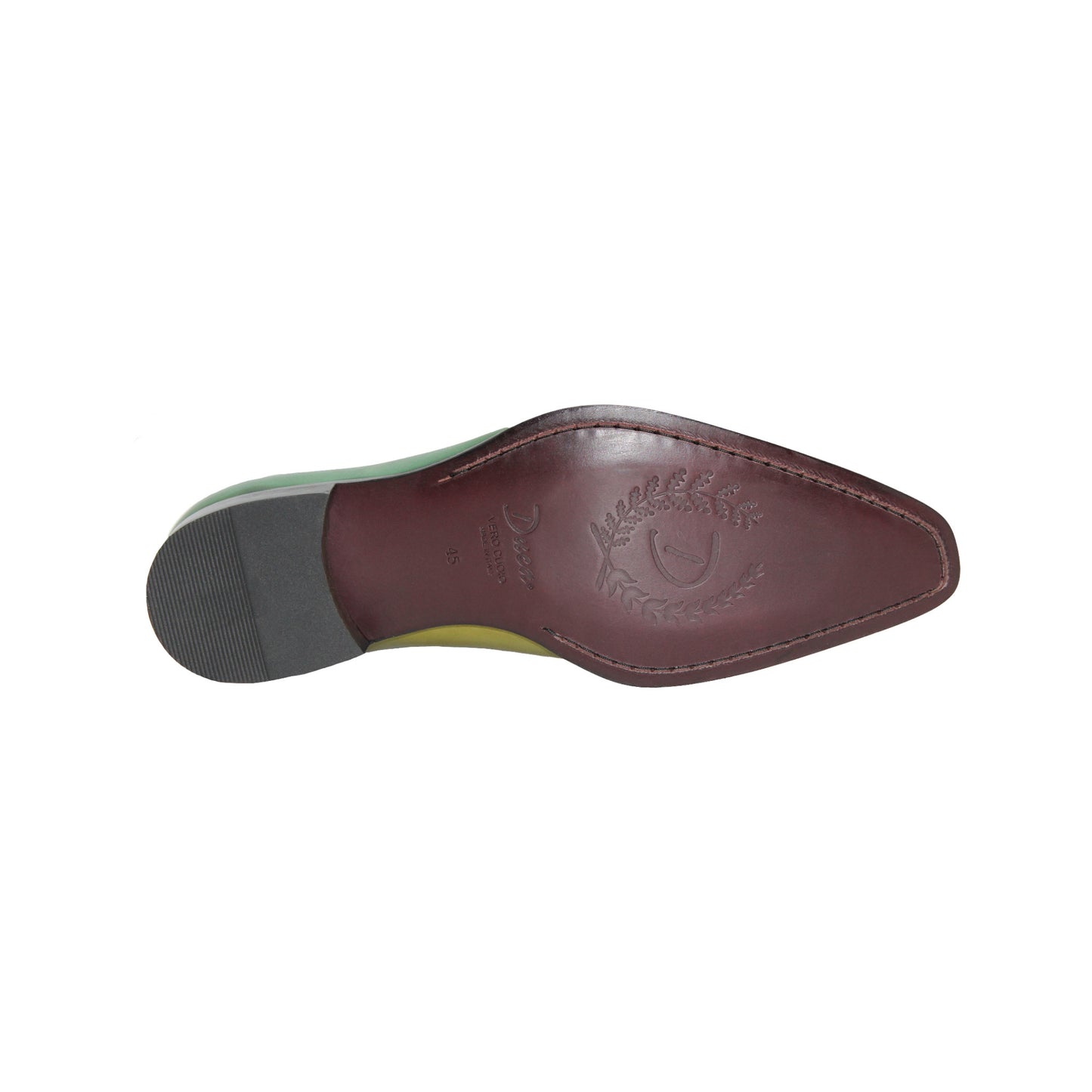 The Duca Di Matiste Duca Veroli Green/Olive is a genuine leather oxford with darker toe and heel, light green tongue, black sole and laces. Italian craftsmanship shines in every detail. Displayed on a white background.