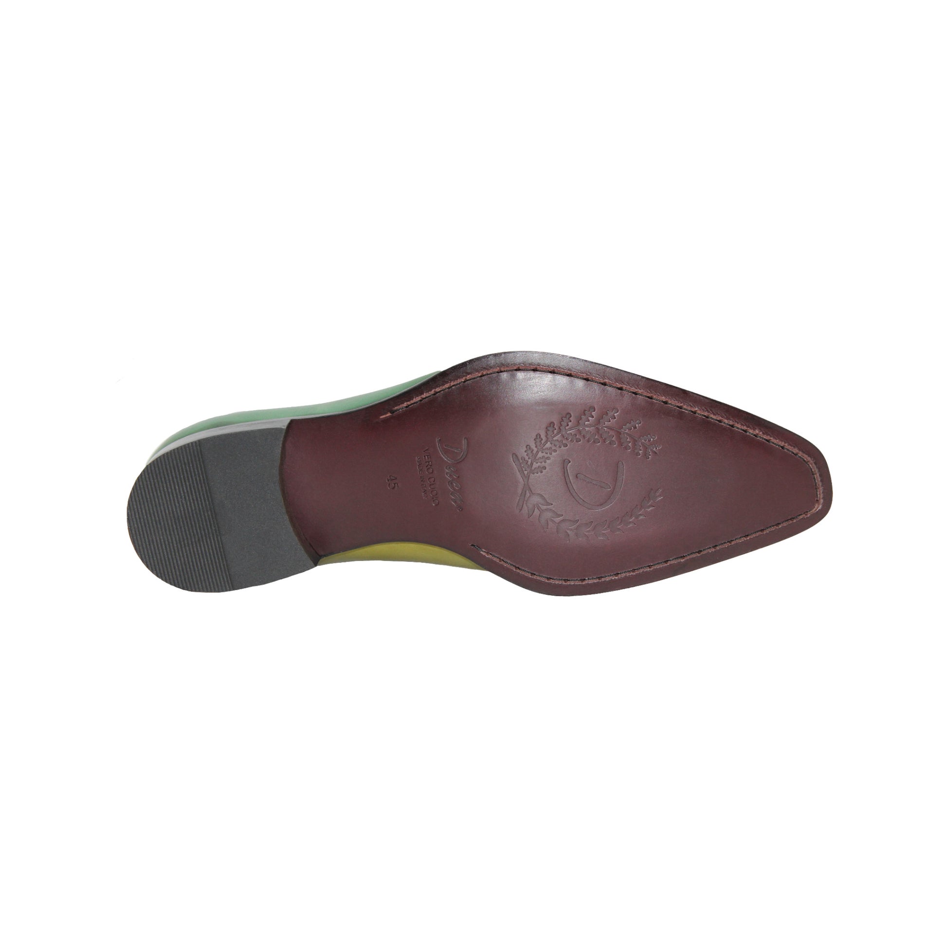 The Duca Di Matiste Duca Veroli Green/Olive is a genuine leather oxford with darker toe and heel, light green tongue, black sole and laces. Italian craftsmanship shines in every detail. Displayed on a white background.