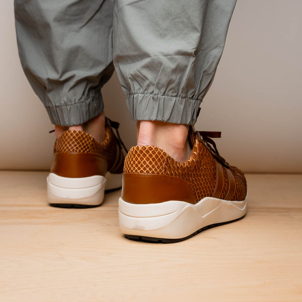 The Marco Di Milano Verona Honey is a brown luxury sneaker with a textured, reptile-like pattern, leather accents, brown laces, and a white sole. One men’s genuine calfskin shoe stands upright; the other displays its sole.