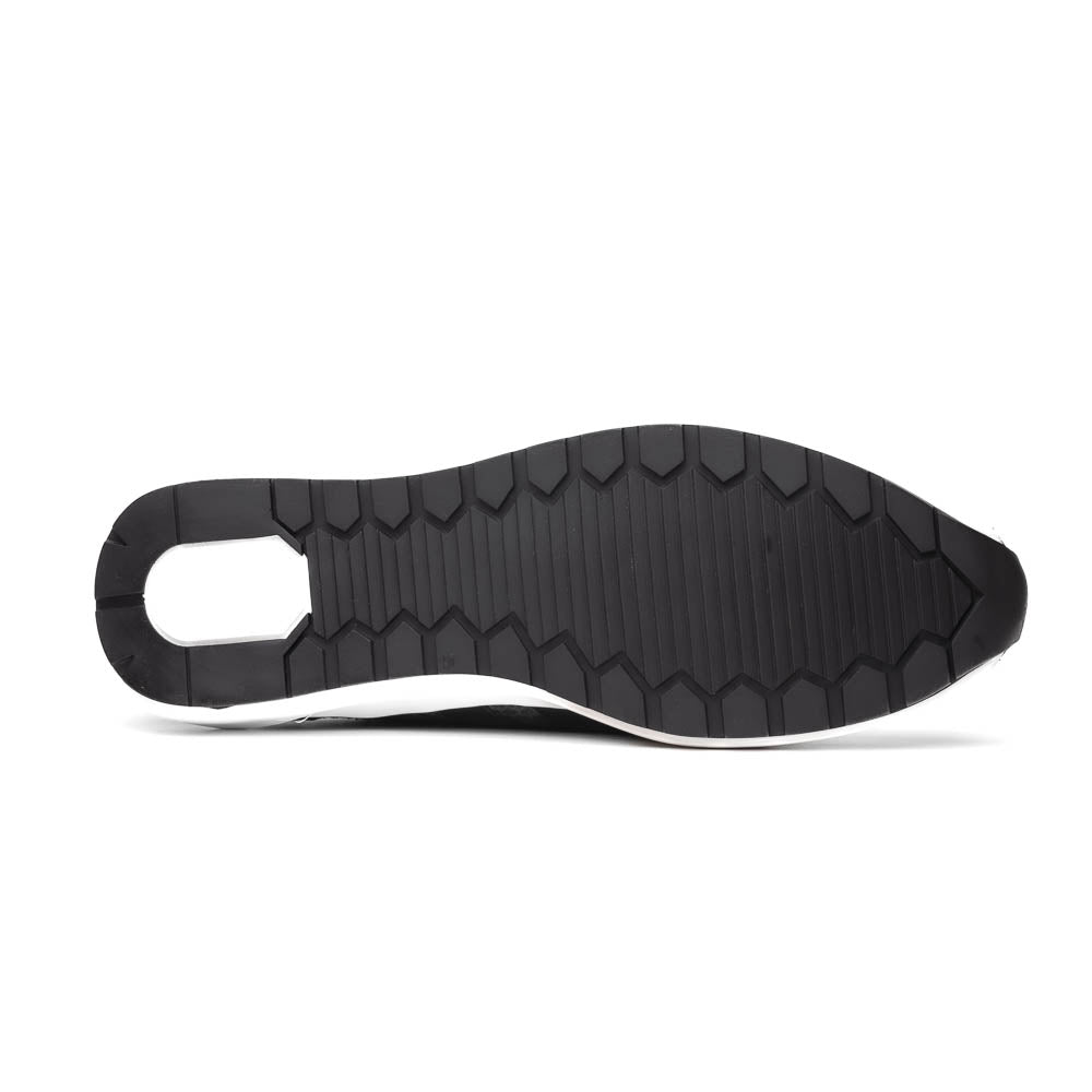 The Verona Black sneakers by Marco Di Milano feature a black textured design, white soles, black laces, and dual black side stripes; one shoe stands upright, while the other lies on its side displaying the sole.