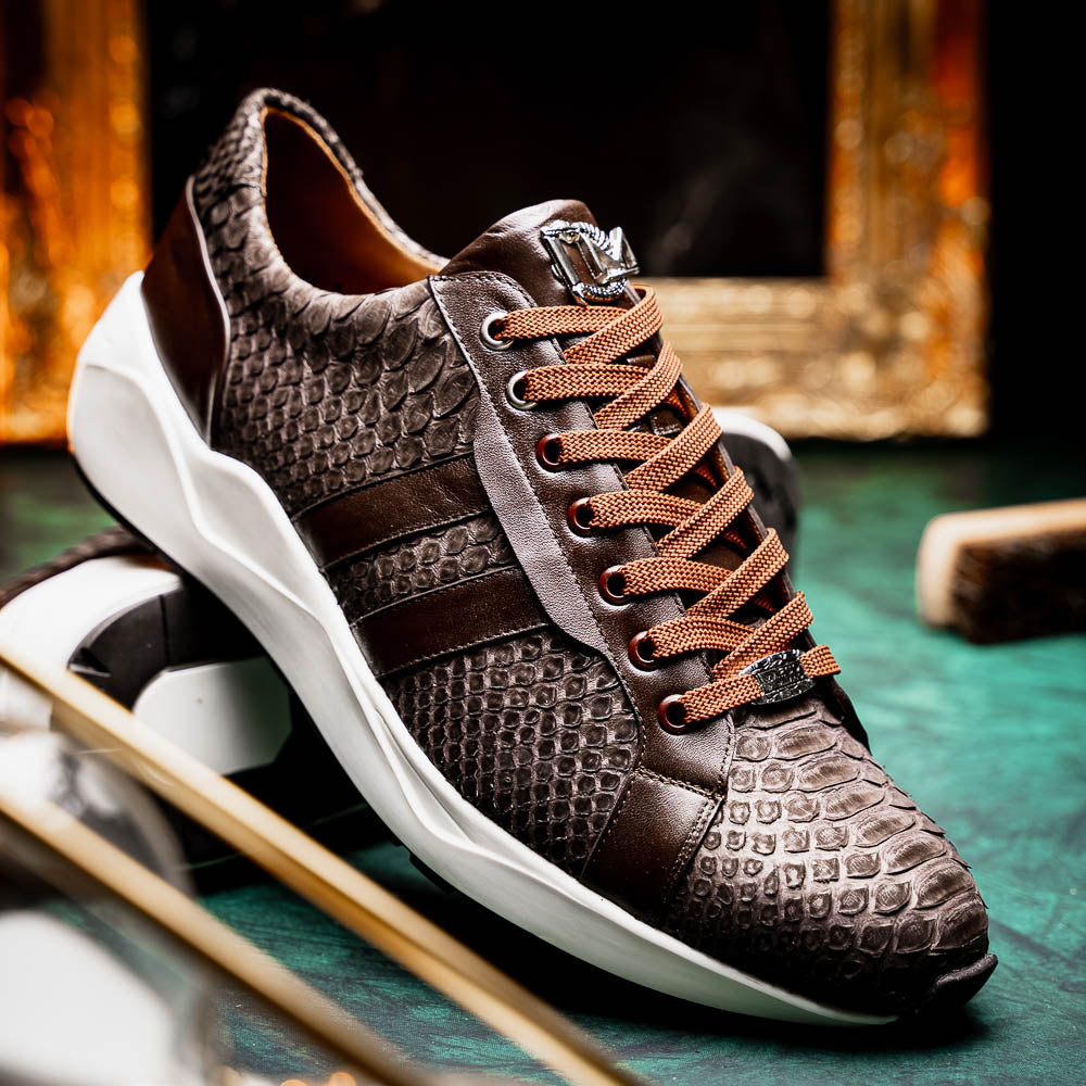 The Verona Brown sneakers by Marco Di Milano are luxury men's shoes crafted in brown sueded python with a snakeskin pattern, white soles, brown laces, and a metal tongue accent—perfect for standout style.