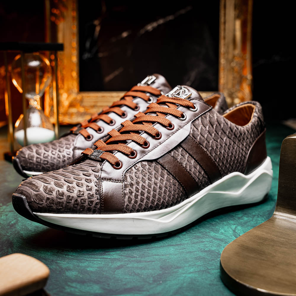 The Verona Brown sneakers by Marco Di Milano are luxury men's shoes crafted in brown sueded python with a snakeskin pattern, white soles, brown laces, and a metal tongue accent—perfect for standout style.