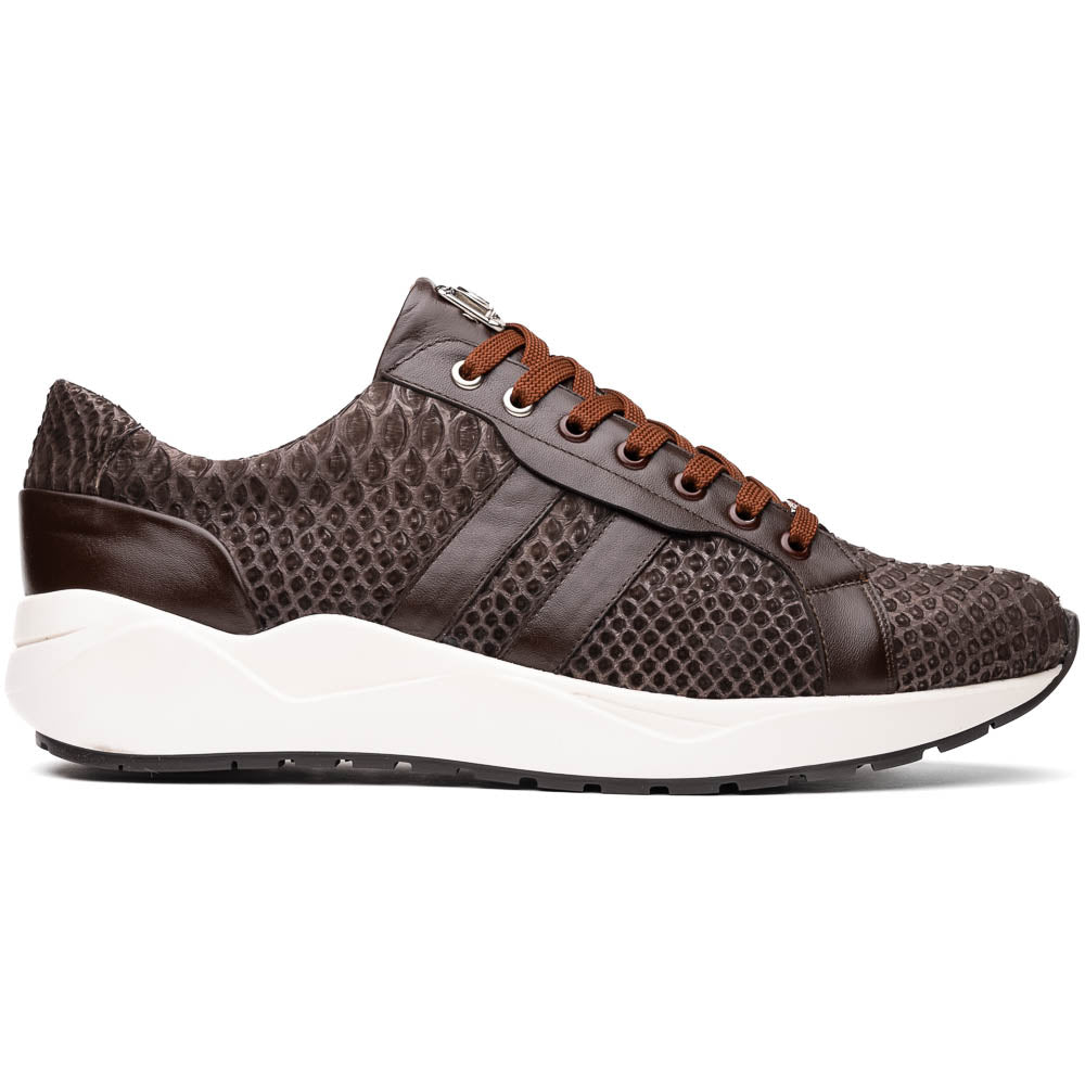 The Verona Brown sneakers by Marco Di Milano are luxury men's shoes crafted in brown sueded python with a snakeskin pattern, white soles, brown laces, and a metal tongue accent—perfect for standout style.