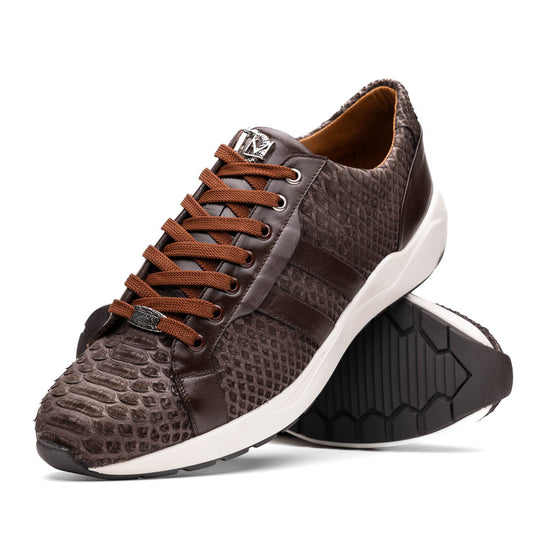 The Verona Brown sneakers by Marco Di Milano are luxury men's shoes crafted in brown sueded python with a snakeskin pattern, white soles, brown laces, and a metal tongue accent—perfect for standout style.