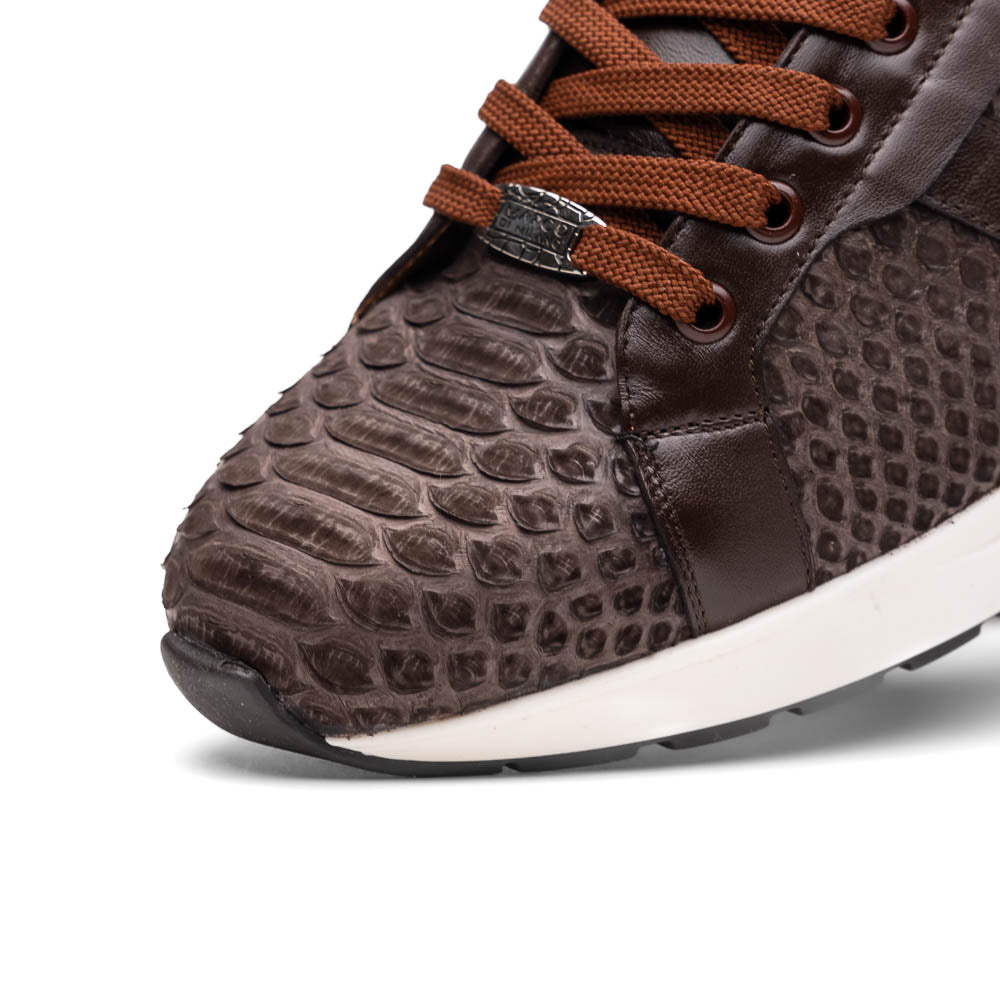 The Verona Brown sneakers by Marco Di Milano are luxury men's shoes crafted in brown sueded python with a snakeskin pattern, white soles, brown laces, and a metal tongue accent—perfect for standout style.