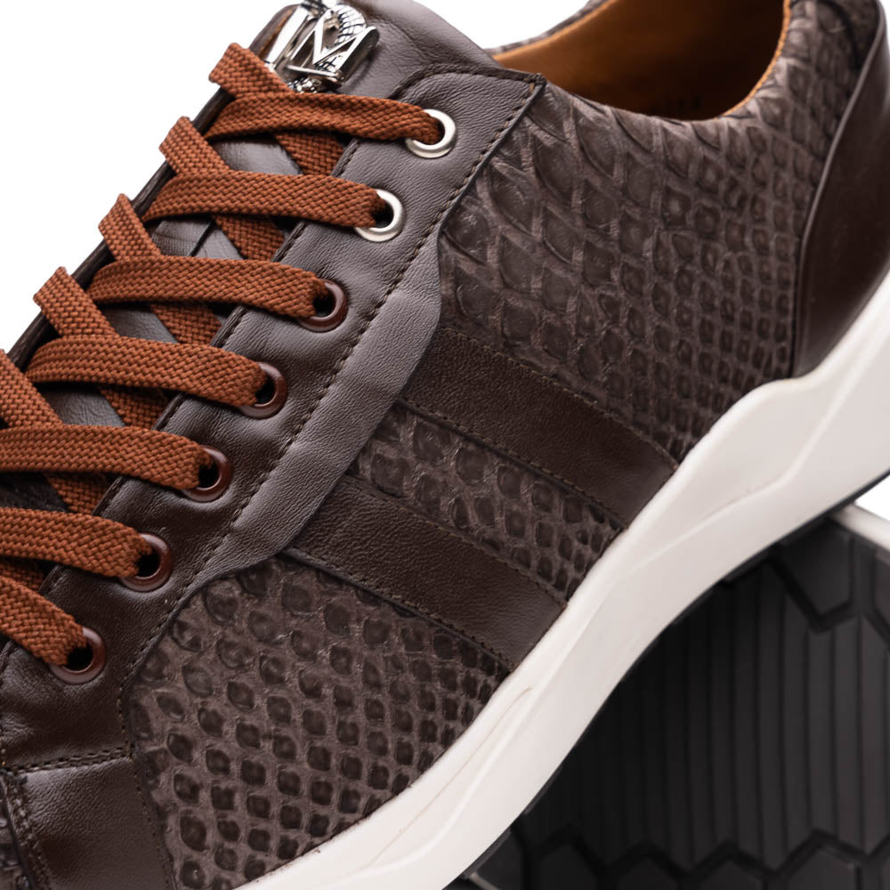 The Verona Brown sneakers by Marco Di Milano are luxury men's shoes crafted in brown sueded python with a snakeskin pattern, white soles, brown laces, and a metal tongue accent—perfect for standout style.