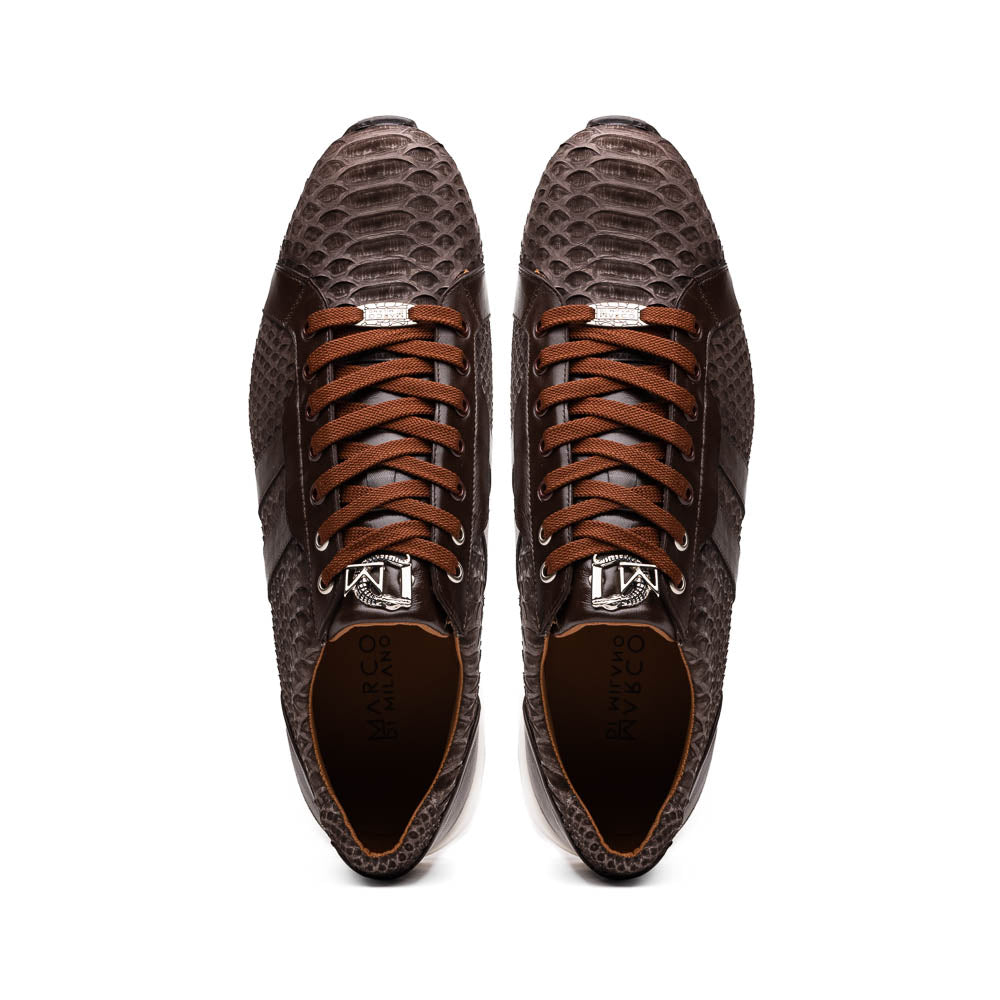 The Verona Brown sneakers by Marco Di Milano are luxury men's shoes crafted in brown sueded python with a snakeskin pattern, white soles, brown laces, and a metal tongue accent—perfect for standout style.