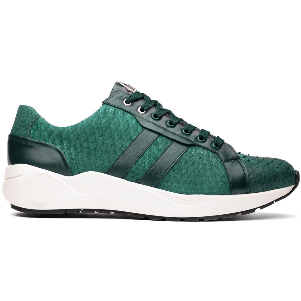 The Marco Di Milano Verona Green sneakers are luxury shoes with scale-like patterns, dark green accents, and white soles. One shoe is upright while the other lies on its side.