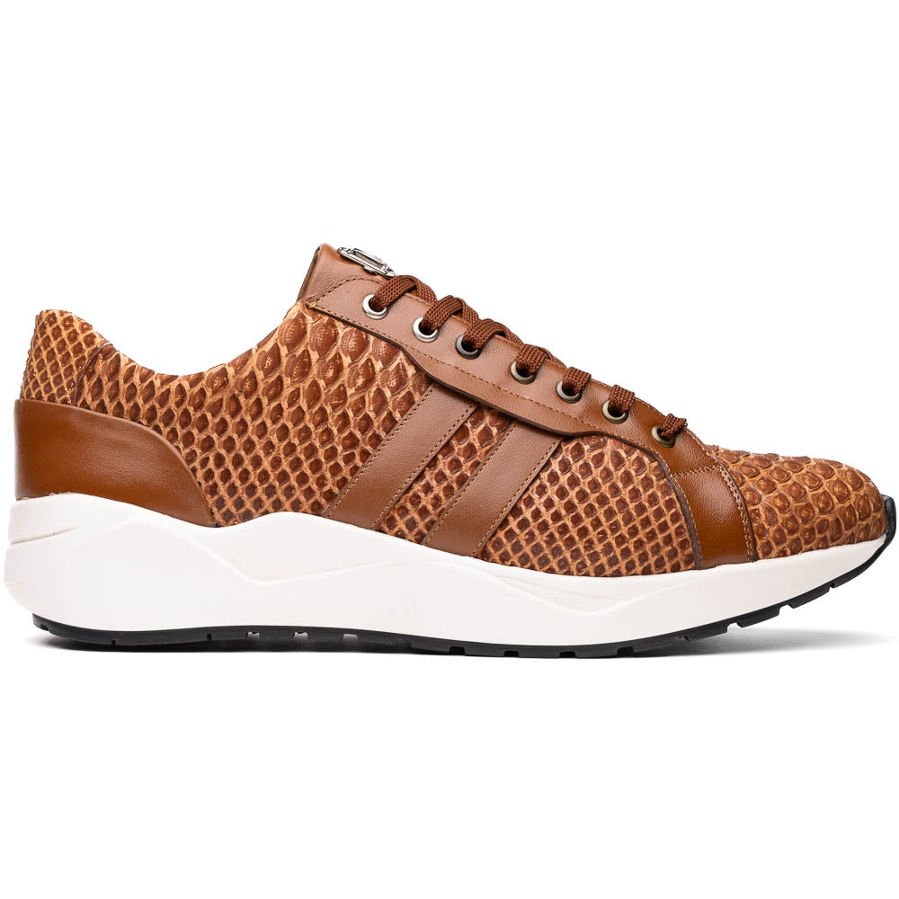 The Marco Di Milano Verona Honey is a brown luxury sneaker with a textured, reptile-like pattern, leather accents, brown laces, and a white sole. One men’s genuine calfskin shoe stands upright; the other displays its sole.