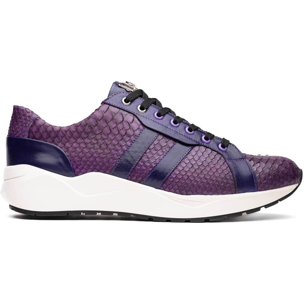 The Verona Purple by Marco Di Milano are hand-painted python sneakers with a textured scale pattern, black laces, and white soles—ideal for elevating any men's sneaker collection. One shoe stands while the other lies on its side.