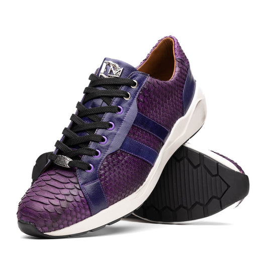 The Verona Purple by Marco Di Milano are hand-painted python sneakers with a textured scale pattern, black laces, and white soles—ideal for elevating any men's sneaker collection. One shoe stands while the other lies on its side.