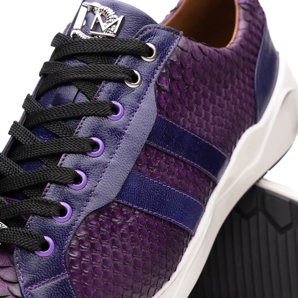 The Verona Purple by Marco Di Milano are hand-painted python sneakers with a textured scale pattern, black laces, and white soles—ideal for elevating any men's sneaker collection. One shoe stands while the other lies on its side.