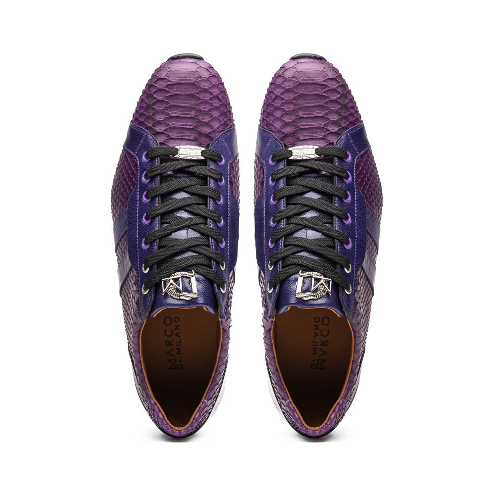 The Verona Purple by Marco Di Milano are hand-painted python sneakers with a textured scale pattern, black laces, and white soles—ideal for elevating any men's sneaker collection. One shoe stands while the other lies on its side.