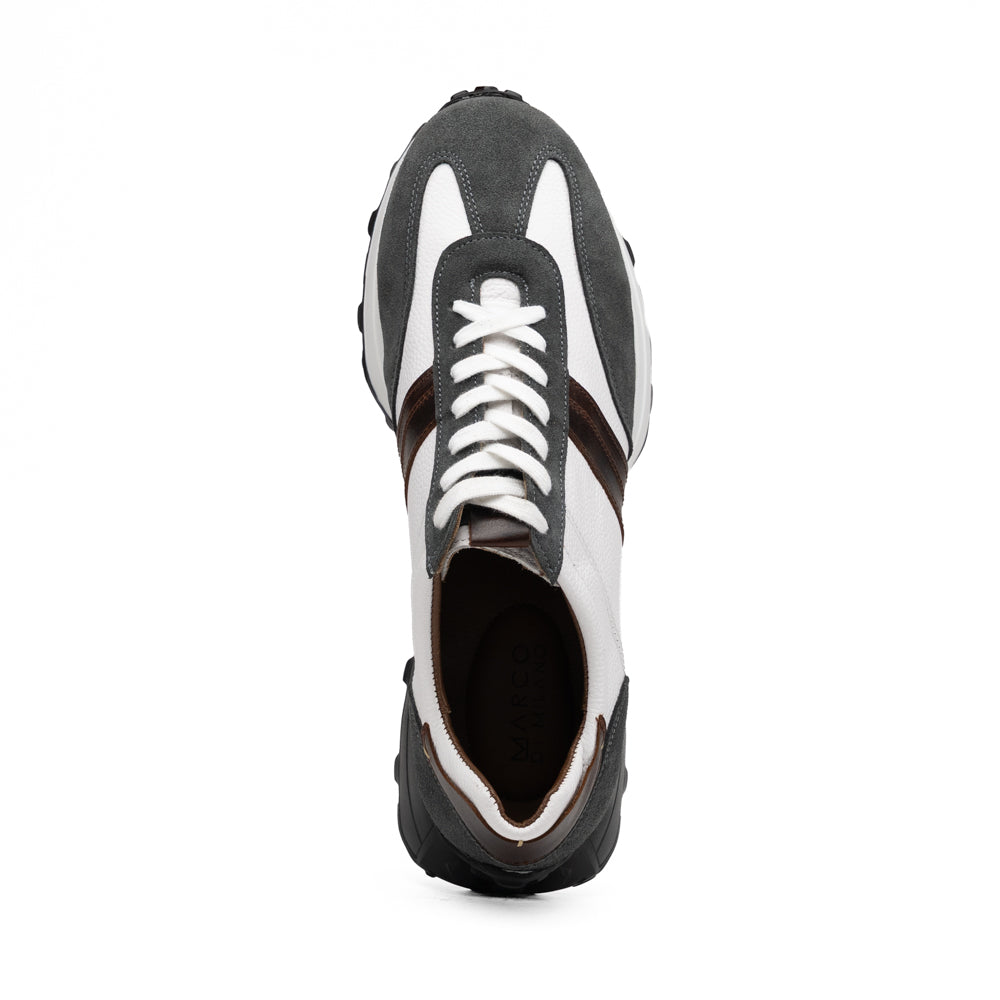 Marco Di Milano Volterra Gray / White suede sneaker in gray and white with brown accents, white laces, and a lugged black rubber sole.