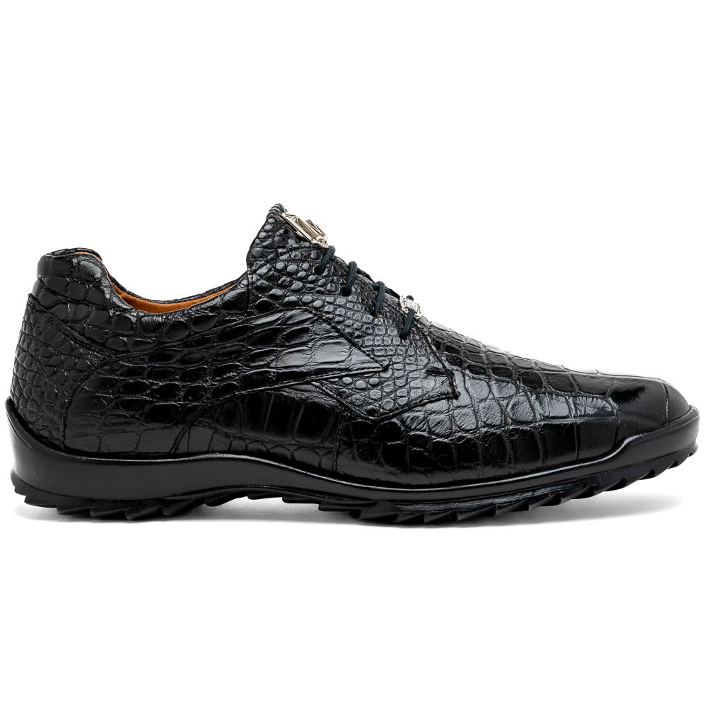 The Vulcan Black by Marco Di Milano are black, crocodile-patterned leather dress shoes with rubber soles—one upright and one displaying the sole. This luxury footwear features hand-painted finishes for a truly refined look.