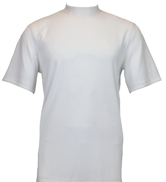 The Bassiri S/S Mock-Neck White T-Shirt 218 showcases a simple short-sleeve design in white, made from a comfortable poly spandex blend. Photographed against a white backdrop, it's an ideal versatile piece for any wardrobe.
