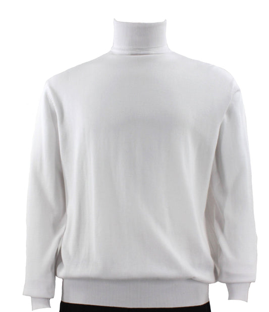Bassiri's sophisticated Bassiri L/S Turtleneck White Sweater 631, crafted from a soft blend of cotton and Tencel, is elegantly showcased on a mannequin against a plain background.