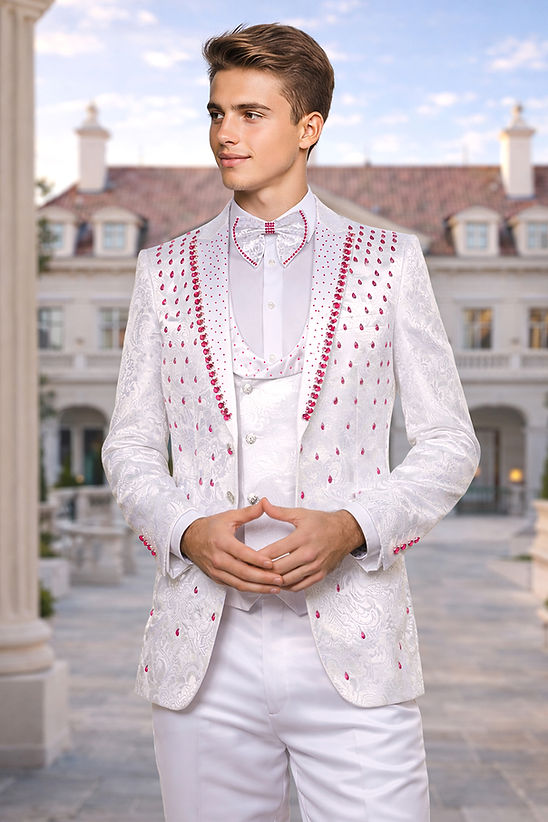A young man wears the Manzini Platinum 3-Piece Slim-Fit Men's Rhinestone Satin Floral Tuxedo Suit in White/Pink, standing outdoors by a grand building with hands clasped, looking to the side.