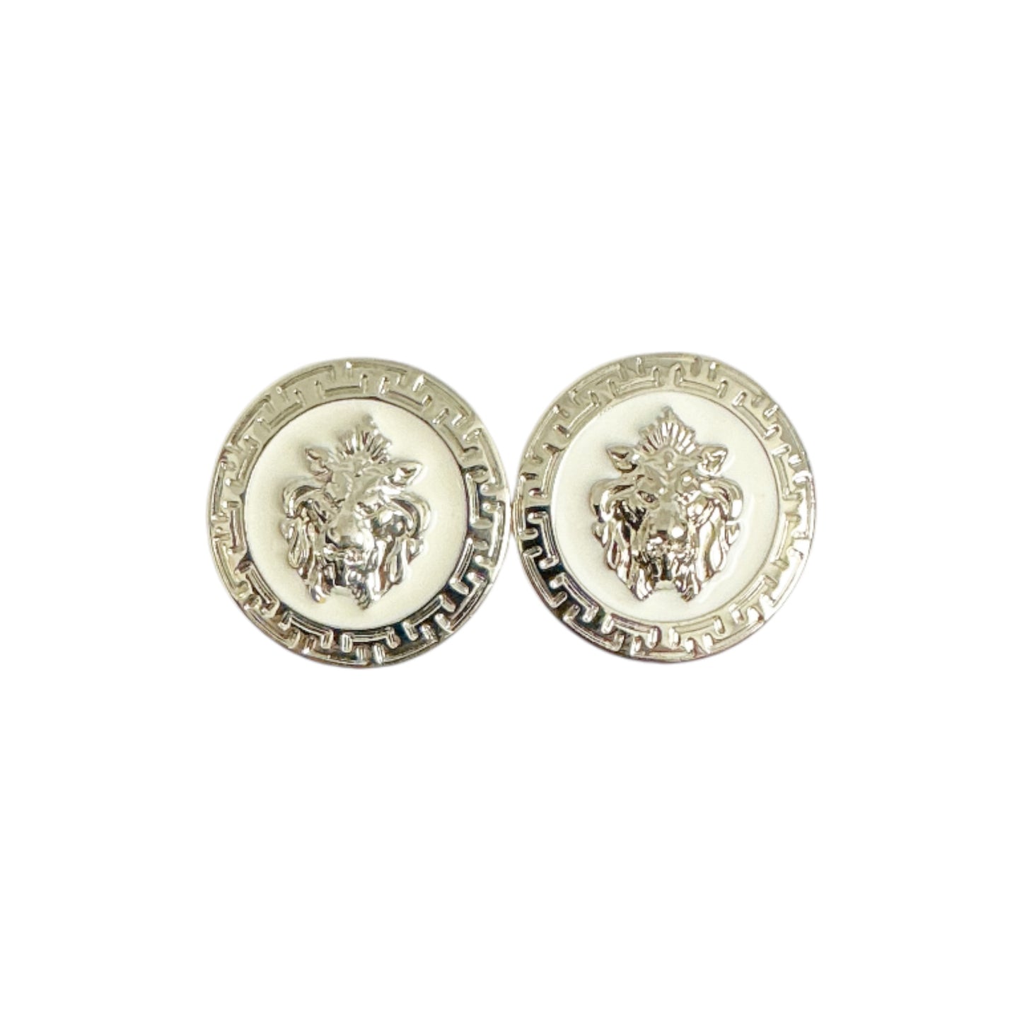 Matiste White/Silver Cufflinks by Matiste feature a round shape with an embossed lion head and a Greek key border in a silver-toned finish.