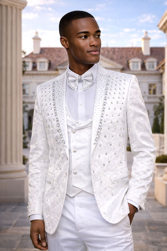 A man wearing the MANZINI PLATINUM 3-Piece Slim-Fit Men's Rhinestone Satin Floral Tuxedo Suit in White/White by Manzini stands outside a grand mansion.
