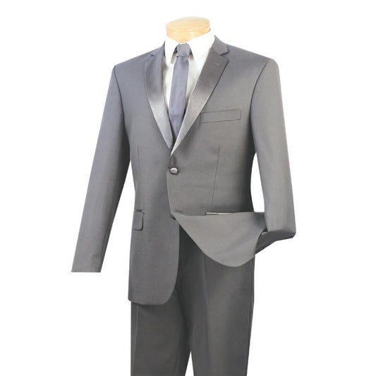 A mannequin displays a sleek Vinci Suits Slim Fit 2 Piece Tuxedo (Gray) T-SC900, featuring a tie, white shirt, shiny lapels, and a perfectly tailored one-button jacket for an elegant modern look.