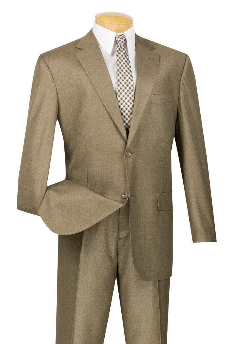 A mannequin is dressed in a Vinci Suits regular fit, two-piece taupe suit with flat front pants, paired with a white shirt and a textured weave checkered tie.