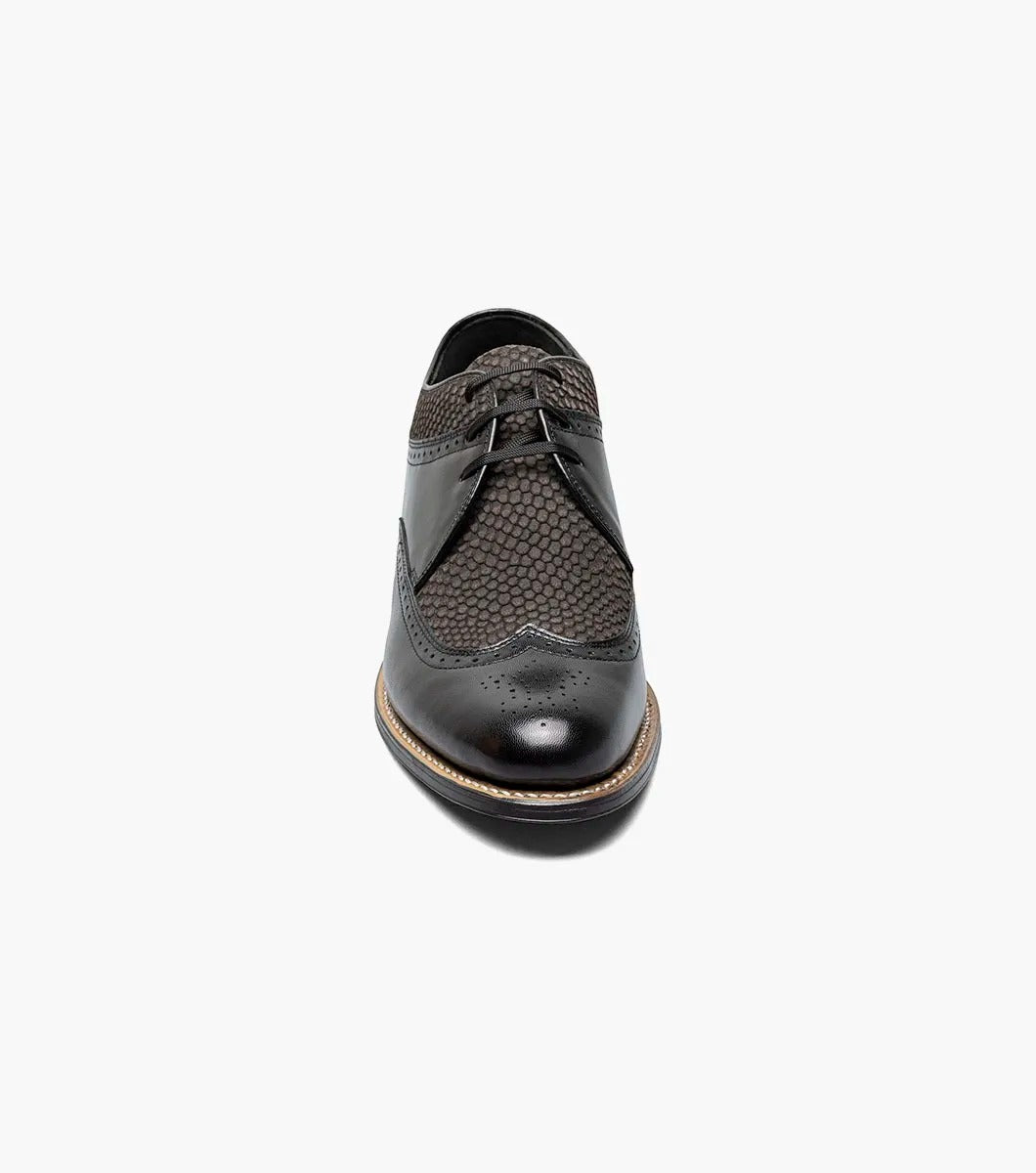 The Stacy Adams Dayton Python Print Wingtip Oxford in Black/Gray (00626-975) features kidskin leather with textured dark grey panels, lace-up closure, cushioned footbed, and a low heel. Shown on a white background.