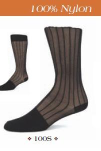 Enhance your style with the Knee High Ribbed Sheer Black Dress Sock from ORIGINS, showcasing vertical stripes and solid toe and heel accents. The text reads "100% Nylon" and "1005".