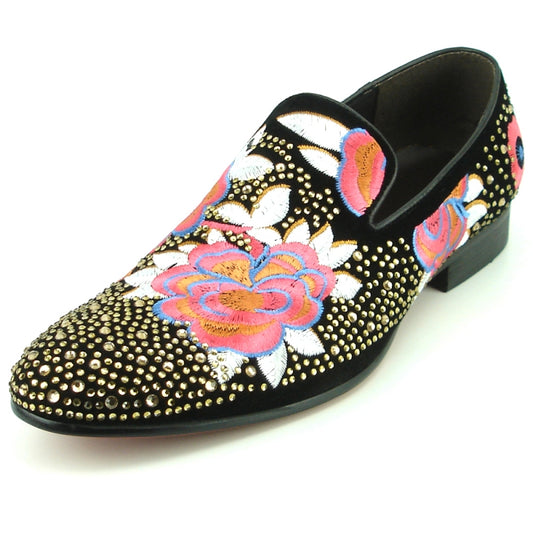 A black and pink fashion shoe by Fiesso, adorned with gold rhinestones.