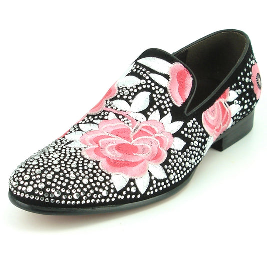 The FI-7360 Silver Stones slip-on fashion shoe by Fiesso features pink floral embroidery and white beaded embellishments on luxurious suede for a sophisticated touch.