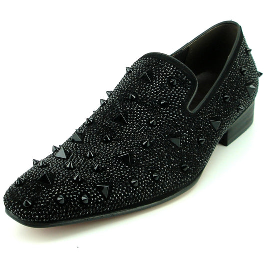The FI-7364-R Black/Black Fiesso by Aurelio Garcia fashion shoe from Fiesso is a high-heeled black loafer crafted with sleek suede and adorned with striking black studs and spikes across the entire surface.