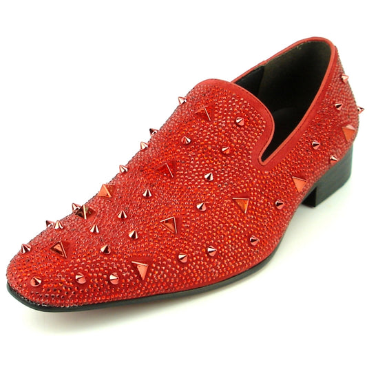 The FI-7364-R Red/Red Fiesso by Aurelio Garcia is a red studded fashion shoe from the brand Fiesso, featuring a low heel, pointed toe, suede material, and spiked embellishments.