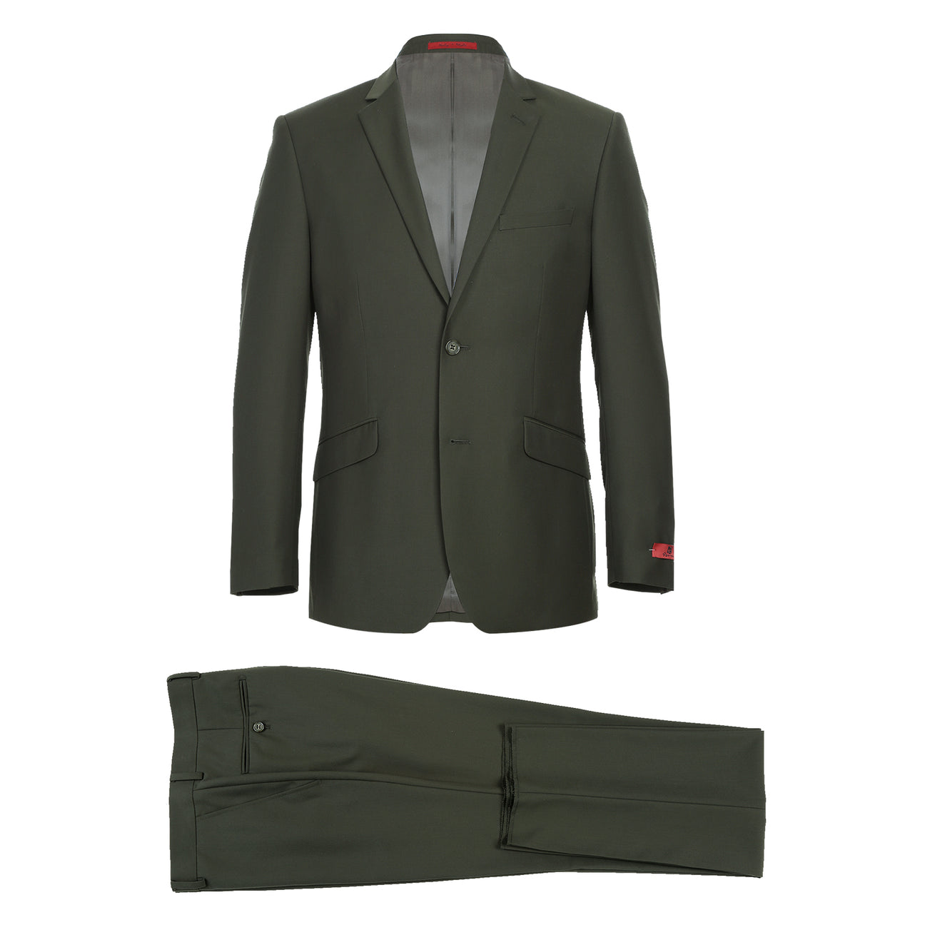 The Alessandro Vitello by Renoir 2-Piece Slim Fit Single Breasted Notch Lapel Olive Suit 201-10 is shown, featuring a slim-fit, single-breasted blazer with matching trousers set against a white background.